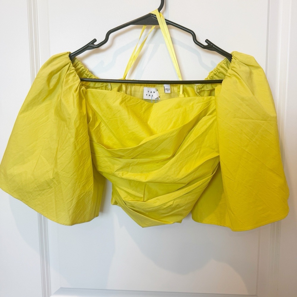 Tanya Taylor‎ Off Shoulder Ruched Cropped Top Size 0 Flare Sleeve Lemon Yellow
